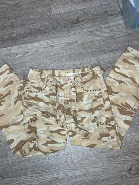 DKNY Beige and Tan Camo Cargo Pants with Stud Accents